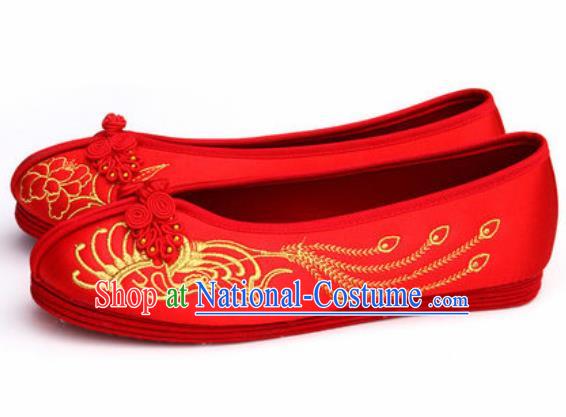 Chinese Traditional Opera Red Satin Shoes Wedding Shoes Hanfu Princess Shoes Embroidered Peony Phoenix Shoes for Women