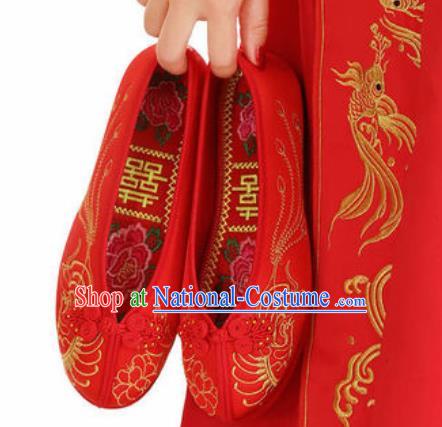 Chinese Traditional Opera Red Satin Shoes Wedding Shoes Hanfu Princess Shoes Embroidered Peony Phoenix Shoes for Women