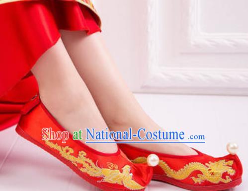 Chinese Embroidered Phoenix Shoes Traditional Opera Red Satin Shoes Wedding Shoes Hanfu Princess Shoes for Women