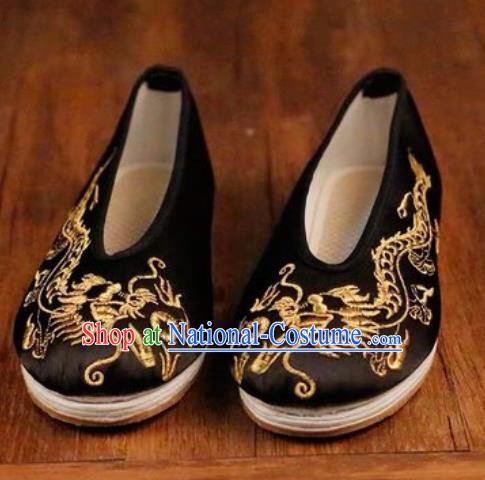 Chinese Embroidered Dragons Shoes Traditional Opera Black Satin Shoes Wedding Shoes Hanfu Princess Shoes for Women