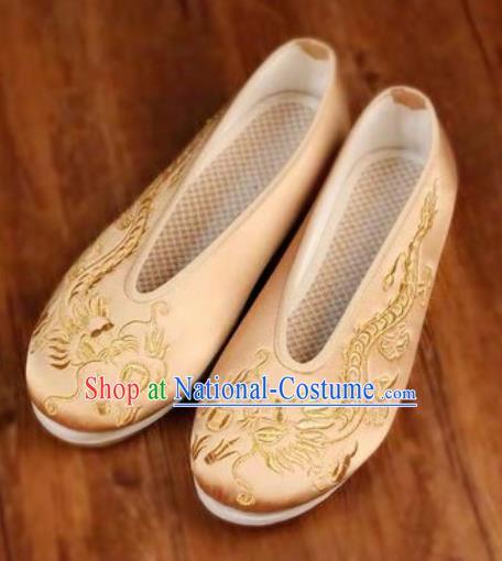 Chinese Embroidered Dragons Shoes Traditional Opera Golden Satin Shoes Wedding Shoes Hanfu Princess Shoes for Women