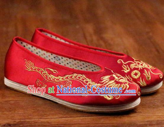 Chinese Embroidered Dragons Shoes Traditional Opera Red Satin Shoes Wedding Shoes Hanfu Princess Shoes for Women