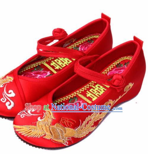 Chinese Traditional Embroidered Phoenix Shoes Opera Red Satin Shoes Wedding Shoes Hanfu Princess Shoes for Women