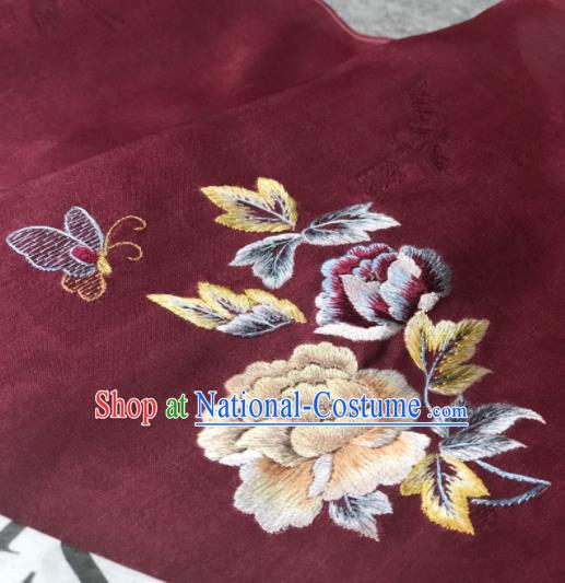 Traditional Chinese Embroidered Peony Wine Red Silk Fabric Classical Pattern Design Brocade Fabric Asian Satin Material