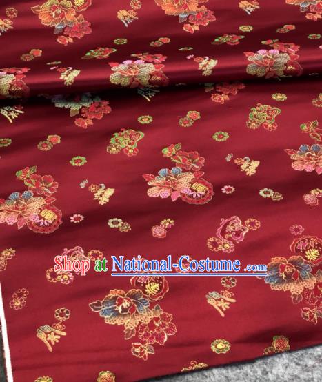 Traditional Chinese Wine Red Silk Fabric Classical Peony Pattern Design Brocade Fabric Asian Satin Material