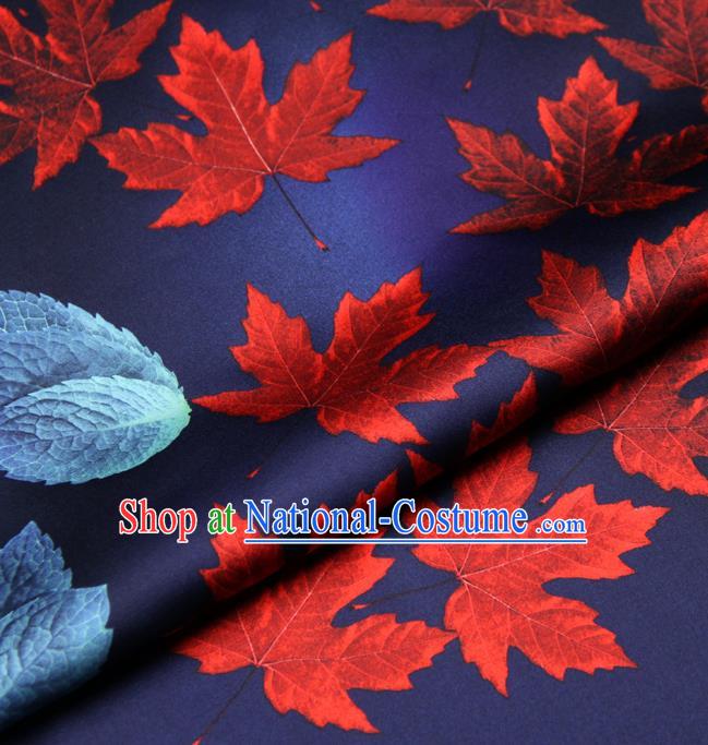 Chinese Traditional Classical Maple Leaf Pattern Deep Blue Brocade Damask Asian Satin Drapery Silk Fabric