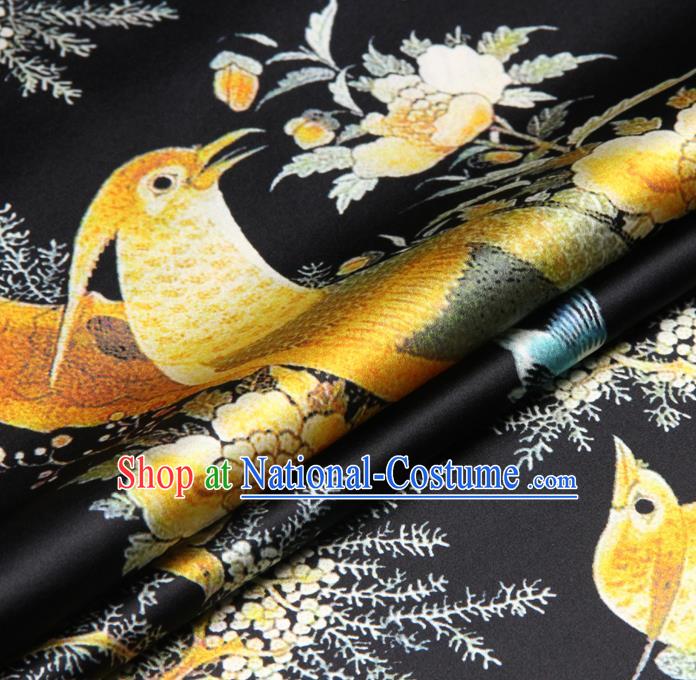 Chinese Traditional Classical Flowers Birds Pattern Black Brocade Damask Asian Satin Drapery Silk Fabric