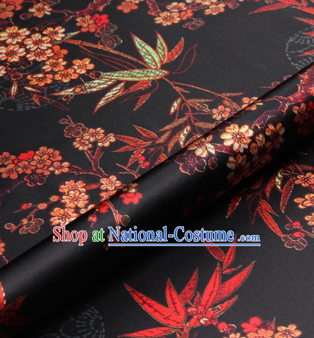 Chinese Traditional Classical Bamboo Plum Pattern Black Brocade Damask Asian Satin Drapery Silk Fabric