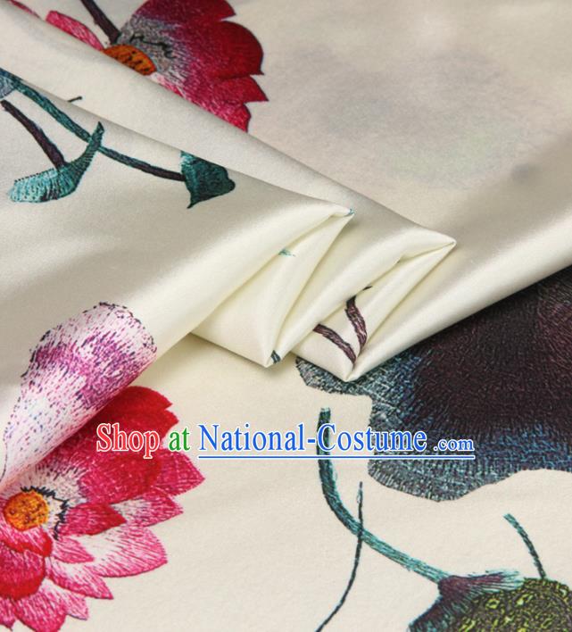 Chinese Traditional Classical Lotus Pattern White Brocade Damask Asian Satin Drapery Silk Fabric