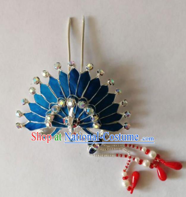 Chinese Ancient Court Princess Peacock Tassel Hair Clip Hairpins Traditional Beijing Opera Diva Hair Accessories for Adults