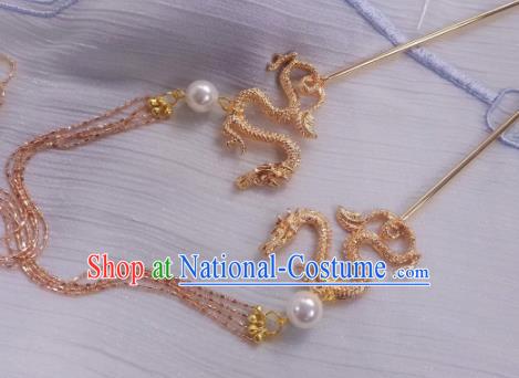 Chinese Ancient Palace Princess Golden Dragon Tassel Hairpins Hair Clip Traditional Hanfu Hair Accessories for Women