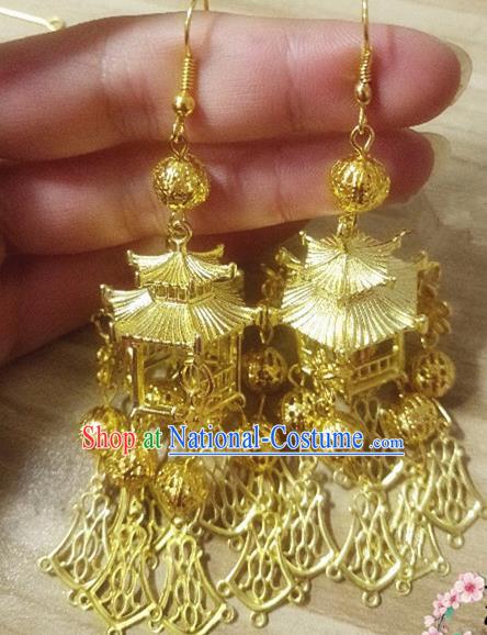 Chinese Ancient Princess Golden Tassel Earrings Traditional Hanfu Palace Jewelry Accessories for Women