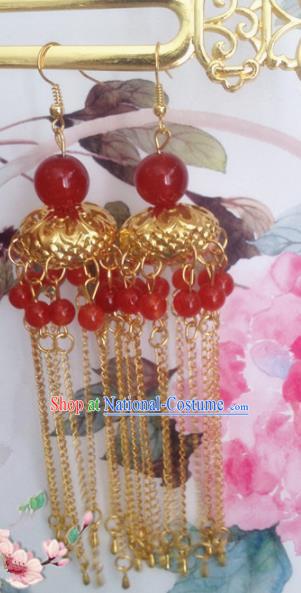 Chinese Ancient Princess Red Beads Tassel Earrings Traditional Hanfu Palace Jewelry Accessories for Women