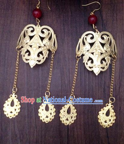 Chinese Ancient Princess Tassel Golden Earrings Traditional Hanfu Palace Jewelry Accessories for Women