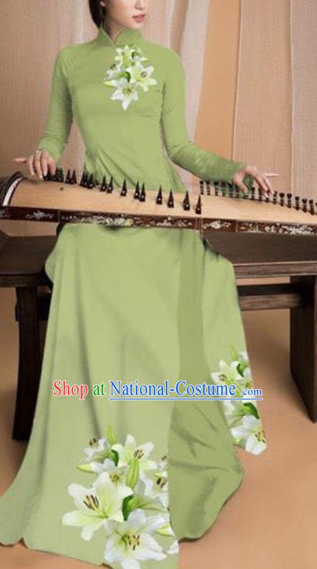 Asian Vietnam Traditional Printing Lily Flowers Olive Green Dress Vietnamese National Classical Ao Dai Cheongsam for Women