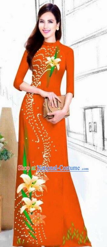 Asian Vietnam Traditional Bride Printing Lily Flowers Orange Dress Vietnamese National Classical Ao Dai Cheongsam for Women