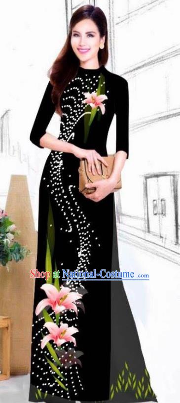 Asian Vietnam Traditional Bride Printing Lily Flowers Black Dress Vietnamese National Classical Ao Dai Cheongsam for Women