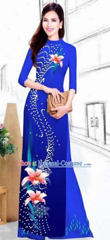 Asian Vietnam Traditional Bride Printing Lily Flowers Royalblue Dress Vietnamese National Classical Ao Dai Cheongsam for Women