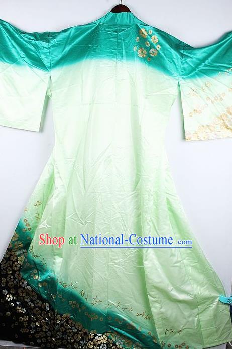 Japanese Traditional Geisha Printing Sakura Green Furisode Kimono Asian Japan National Yukata Dress Costume for Women