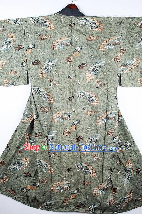 Japanese Traditional Printing Olive Green Kimono Asian Japan National Costume for Men