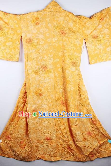 Japanese Traditional Geisha Printing Chrysanthemum Yellow Furisode Kimono Asian Japan National Yukata Dress Costume for Women