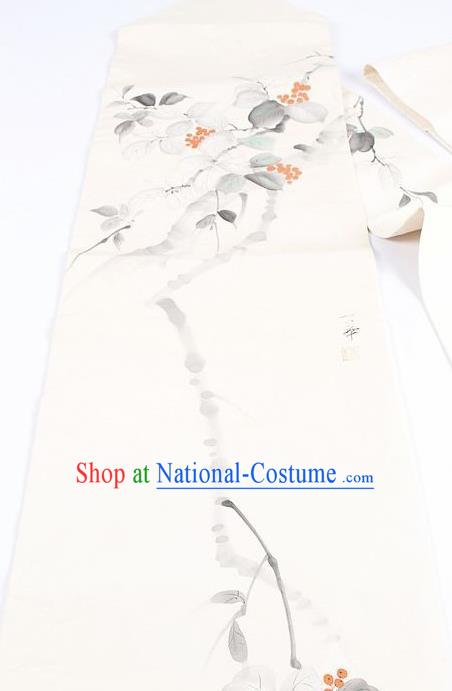 Japanese Traditional Kimono Ink Painting White Belt Asian Japan National Yukata Brocade Waistband for Women