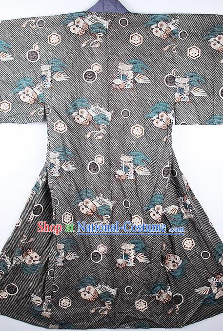 Japanese Traditional Printing Sakura Grey Kimono Asian Japan National Yukata Costume for Men