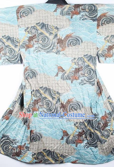 Japanese Traditional Printing Dragon Light Blue Kimono Asian Japan National Yukata Costume for Men