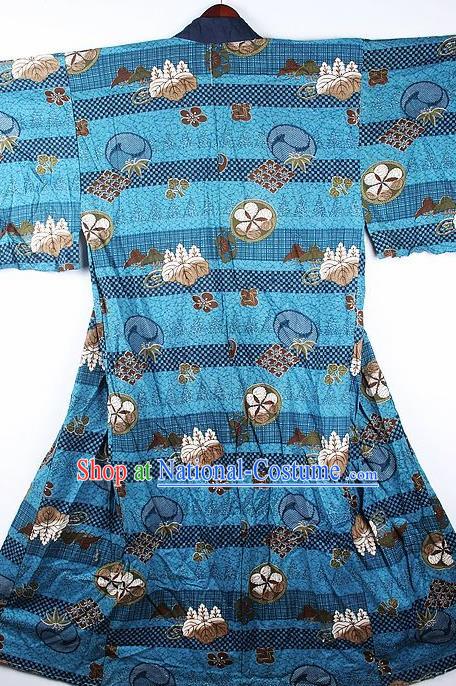 Japanese Traditional Printing Sakura Blue Kimono Asian Japan National Yukata Costume for Men