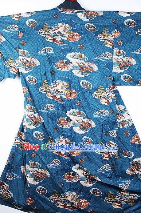 Japanese Traditional Printing Blue Kimono Asian Japan National Yukata Costume for Men