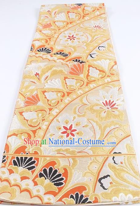 Japanese Traditional Kimono Classical Edelweiss Pattern Yellow Brocade Belt Asian Japan National Yukata Waistband for Women