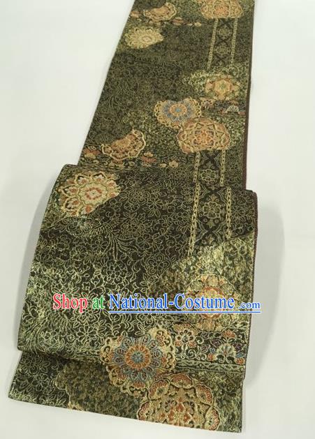 Japanese Traditional Kimono Classical Lotus Pattern Olive Green Brocade Belt Asian Japan National Yukata Waistband for Women