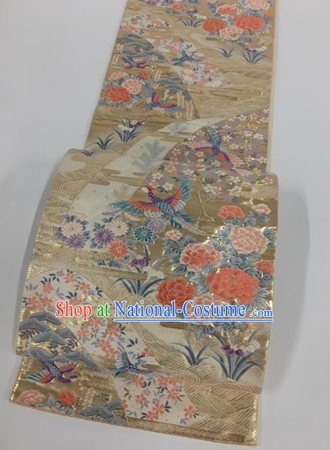 Japanese Traditional Kimono Classical Peony Chrysanthemum Pattern Golden Brocade Belt Asian Japan National Yukata Waistband for Women