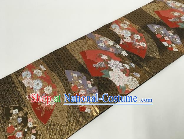 Japanese Kimono Classical Chrysanthemum Fan Pattern Brown Brocade Belt Asian Japan Traditional National Yukata Waistband for Women