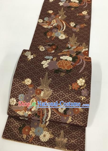 Japanese Kimono Classical Phoenix Peony Pattern Brown Brocade Belt Asian Japan Traditional National Yukata Waistband for Women