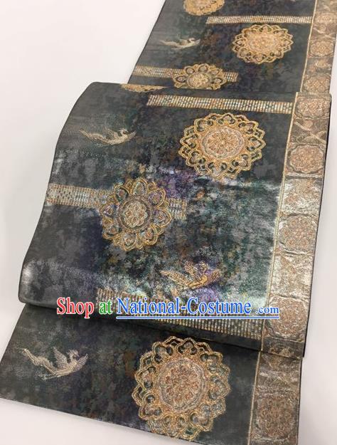 Japanese Kimono Classical Phoenix Pattern Deep Grey Brocade Belt Asian Japan Traditional National Yukata Waistband for Women