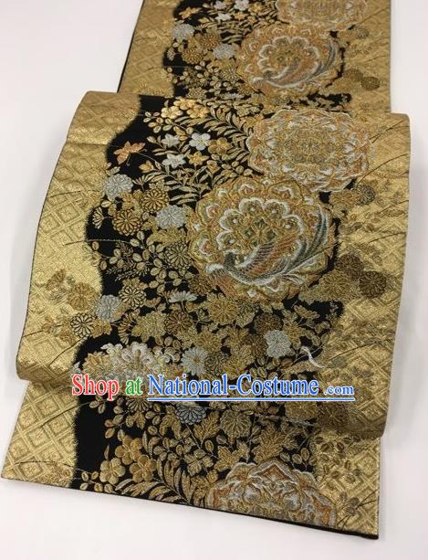 Japanese Kimono Classical Phoenix Peony Pattern Golden Brocade Belt Asian Japan Traditional National Yukata Waistband for Women