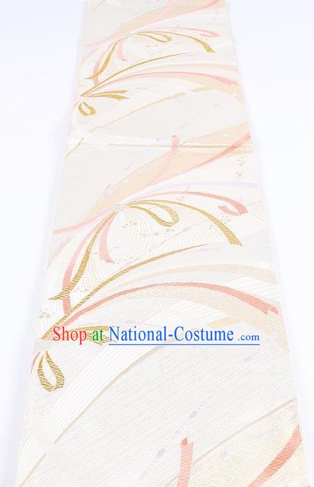 Japanese Traditional Kimono Classical Pattern White Brocade Belt Asian Japan National Yukata Waistband for Women