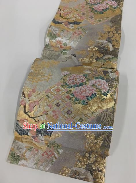 Japanese Kimono Classical Plum Peony Pattern Grey Brocade Belt Asian Japan Traditional National Yukata Waistband for Women