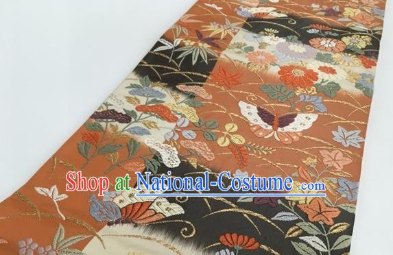 Japanese Kimono Classical Butterfly Flowers Pattern Orange Brocade Belt Asian Japan Traditional National Yukata Waistband for Women