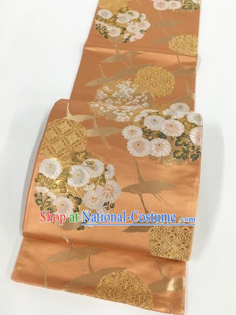 Japanese Kimono Classical Daisy Cranes Pattern Orange Brocade Belt Asian Japan Traditional National Yukata Waistband for Women