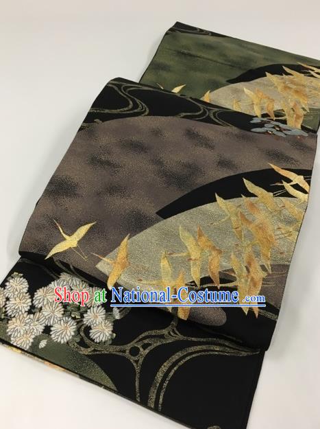 Japanese Kimono Classical Cranes Chrysanthemum Pattern Black Brocade Belt Asian Japan Traditional National Yukata Waistband for Women