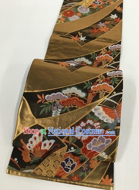 Japanese Kimono Classical Butterfly Peony Pattern Brown Brocade Belt Asian Japan Traditional National Yukata Waistband for Women