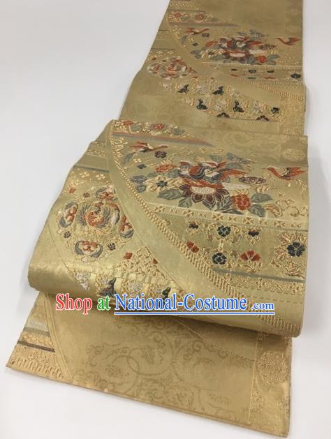 Japanese Kimono Classical Phoenix Peony Pattern Golden Brocade Belt Asian Japan Traditional National Yukata Waistband for Women