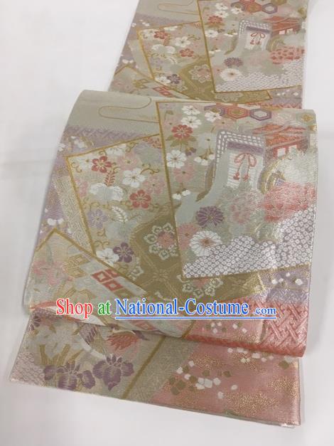 Japanese Kimono Classical Peony Chrysanthemum Pattern Design Pink Brocade Belt Asian Japan Traditional National Yukata Waistband for Women