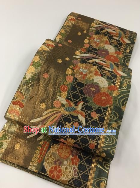 Japanese Kimono Classical Phoenix Peony Pattern Design Brown Brocade Belt Asian Japan Traditional National Yukata Waistband for Women