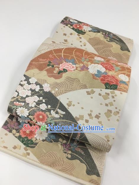 Japanese Kimono Classical Peony Pattern Design Beige Brocade Belt Asian Japan Traditional National Yukata Waistband for Women