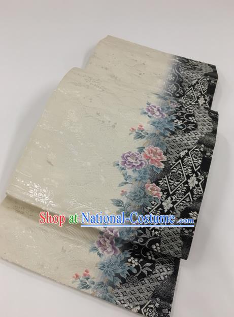 Japanese Kimono Classical Peony Pattern Design White Brocade Belt Asian Japan Traditional National Yukata Waistband for Women