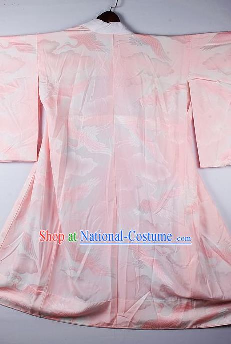 Japanese Traditional Ceremony Costume Printing Cranes Pink Furisode Kimono Asian Japan National Yukata Dress for Women