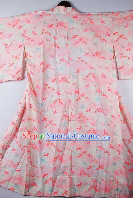 Japanese Traditional Ceremony Costume Printing Cranes Pink Furisode Kimono Asian Japan National Yukata Dress for Women